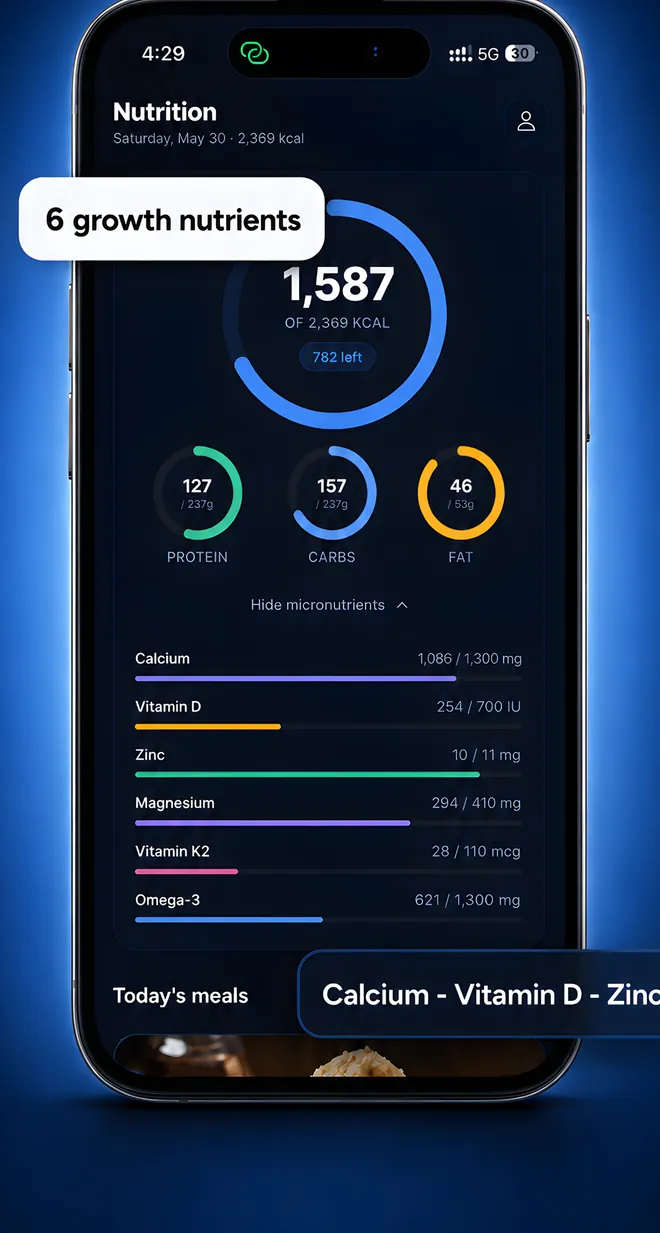 Tallify nutrition screen showing the daily meal plan and nutrient tracking.